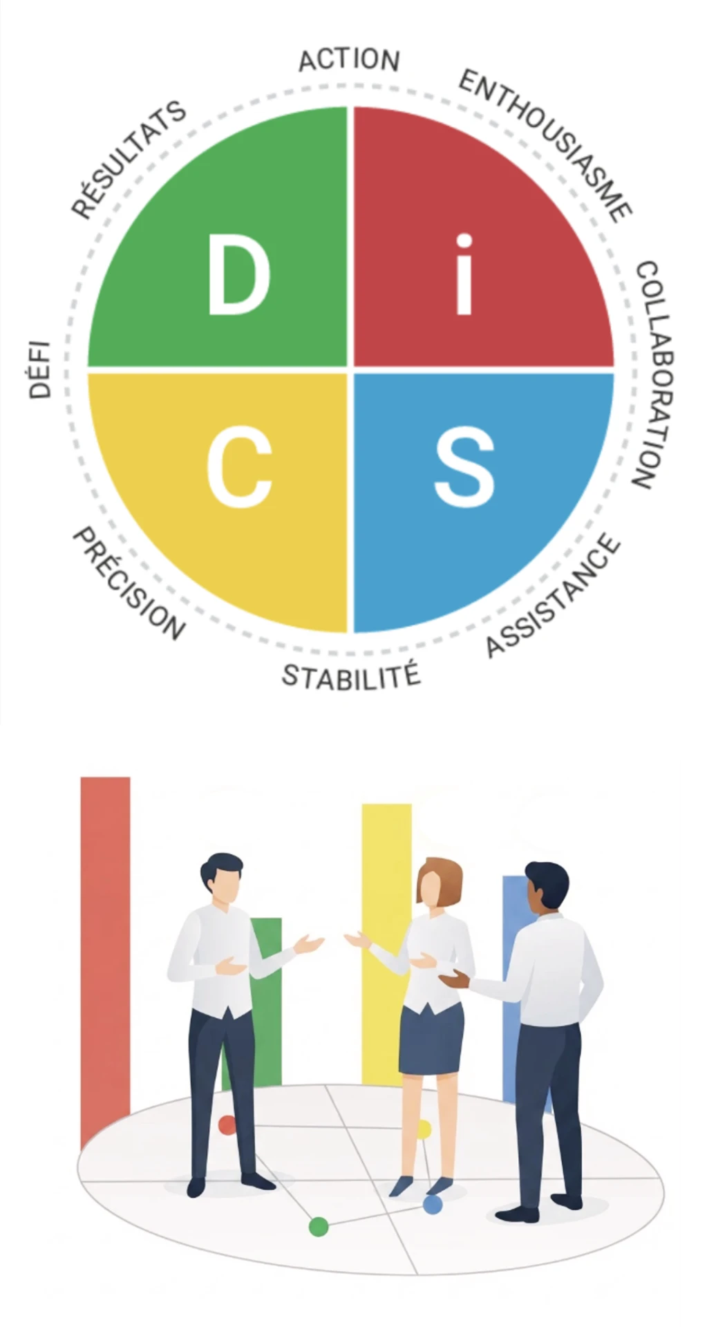 Le cercle DiSC® et ses quatre styles comportementaux illustrés en atelier d'équipe