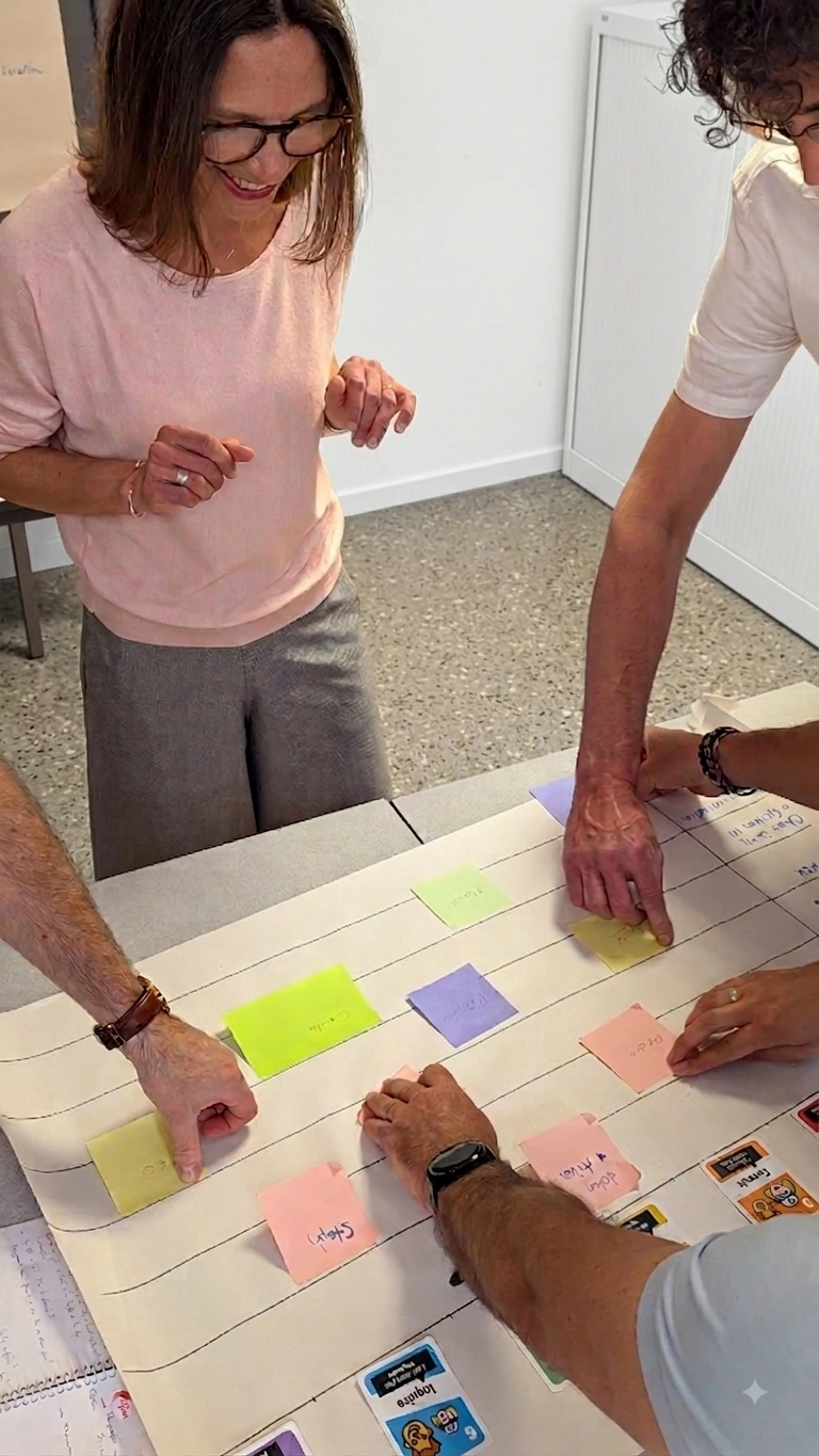 Atelier collaboratif d'équipe avec post-it et facilitation visuelle